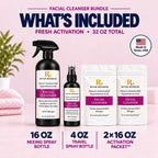 River Refresh Hypochlorous Acid Spray Facial Cleanser Bundle What's Included - featuring a 16 oz mixing spray bottle, a 4 oz travel spray bottle, and two 16 oz activation packets, displayed on a light pink background with product details and text overlays.