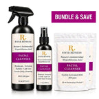 River Refresh Hypochlorous Acid Spray Facial Cleanser bundle featuring a 16 oz spray bottle, a 4 oz spray bottle, and a 16 oz activation packet, with a 'BUNDLE & SAVE' banner at the top.