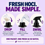 Three steps to activate fresh River Refresh Hypochlorous Acid Spray Hand Cleanser + Body Deodorizer: insert one whole Activation Packet, add 16oz distilled or purified water and swirl for 10 seconds.