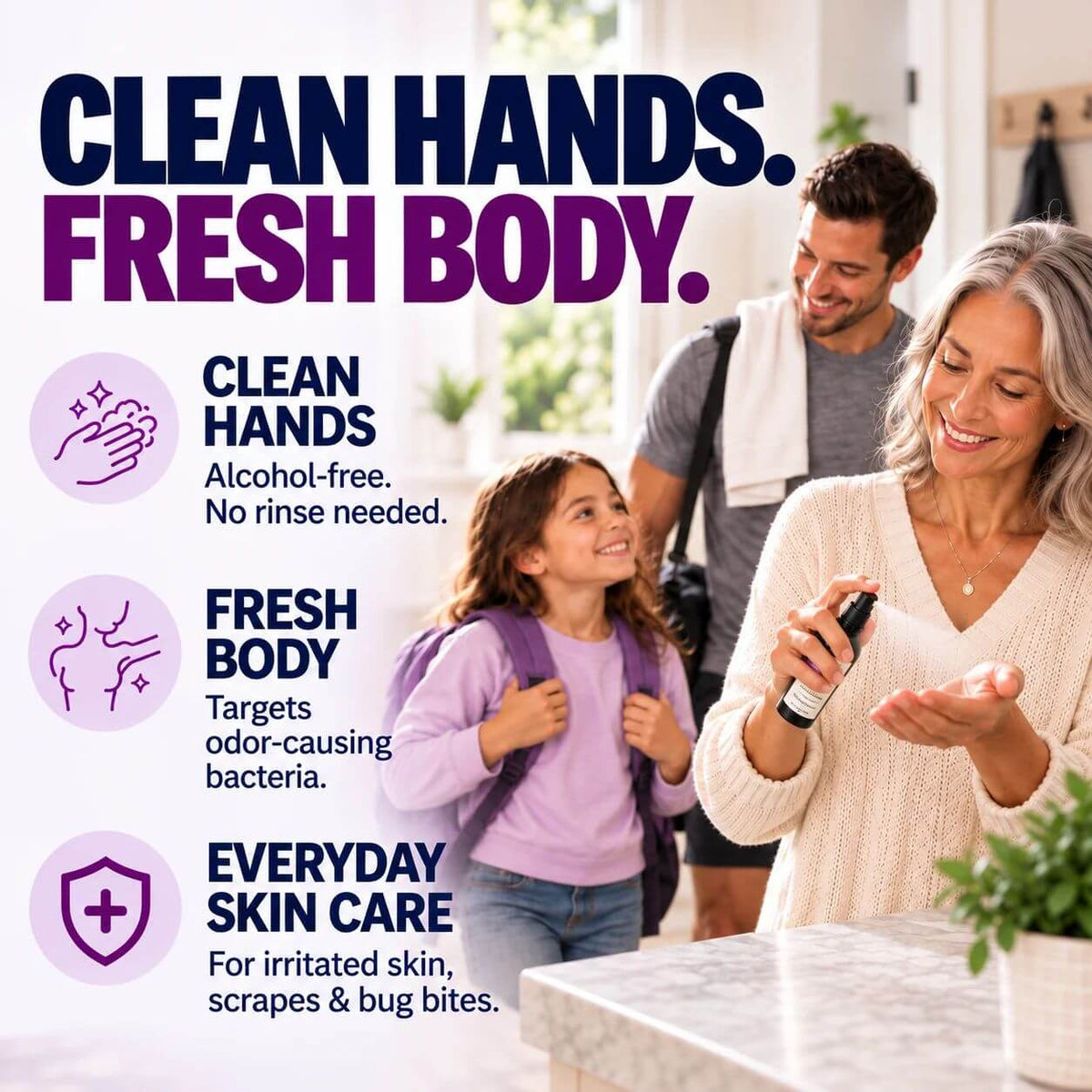 Family using River Refresh alcohol-free hypochlorous acid spray for clean hands, body freshness and everyday skin care.
