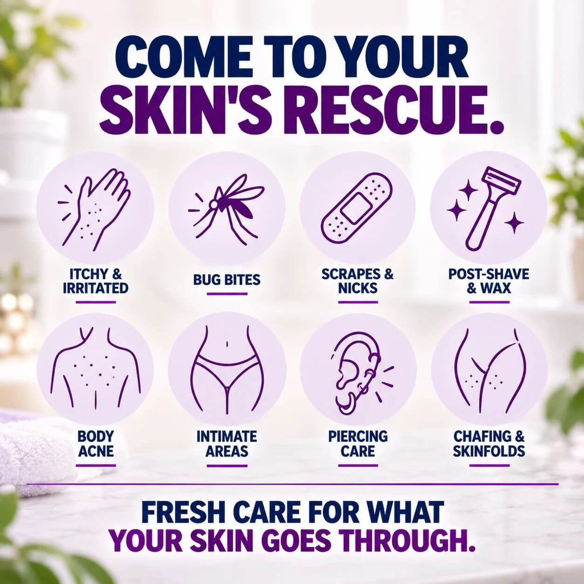 Common uses for River Refresh hypochlorous acid spray skin cleanser, including irritated skin, bug bites, scrapes, shaving, body acne, external intimate areas, piercings and chafing.