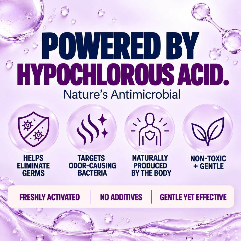 Hypochlorous Acid Spray benefits infographic showing germ elimination, odor-causing benefits, natural production by the body and gentle, non-toxic cleansing.