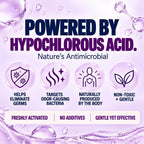 Hypochlorous Acid Spray benefits infographic showing germ elimination, odor-causing benefits, natural production by the body and gentle, non-toxic cleansing.
