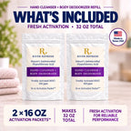 River Refresh Hypochlorous Acid Spray Hand Cleanser + Body Deodorizer Refill shows two 16 oz refill pouches are shown on a soft, blurred spa-like background with promotional text reading 'What's Included' and 'Fresh Activation + 32 oz total.'.