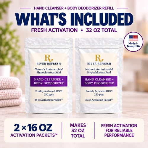 River Refresh Hypochlorous Acid Spray Hand Cleanser + Body Deodorizer Refill shows two 16 oz refill pouches are shown on a soft, blurred spa-like background with promotional text reading 'What's Included' and 'Fresh Activation + 32 oz total.'.