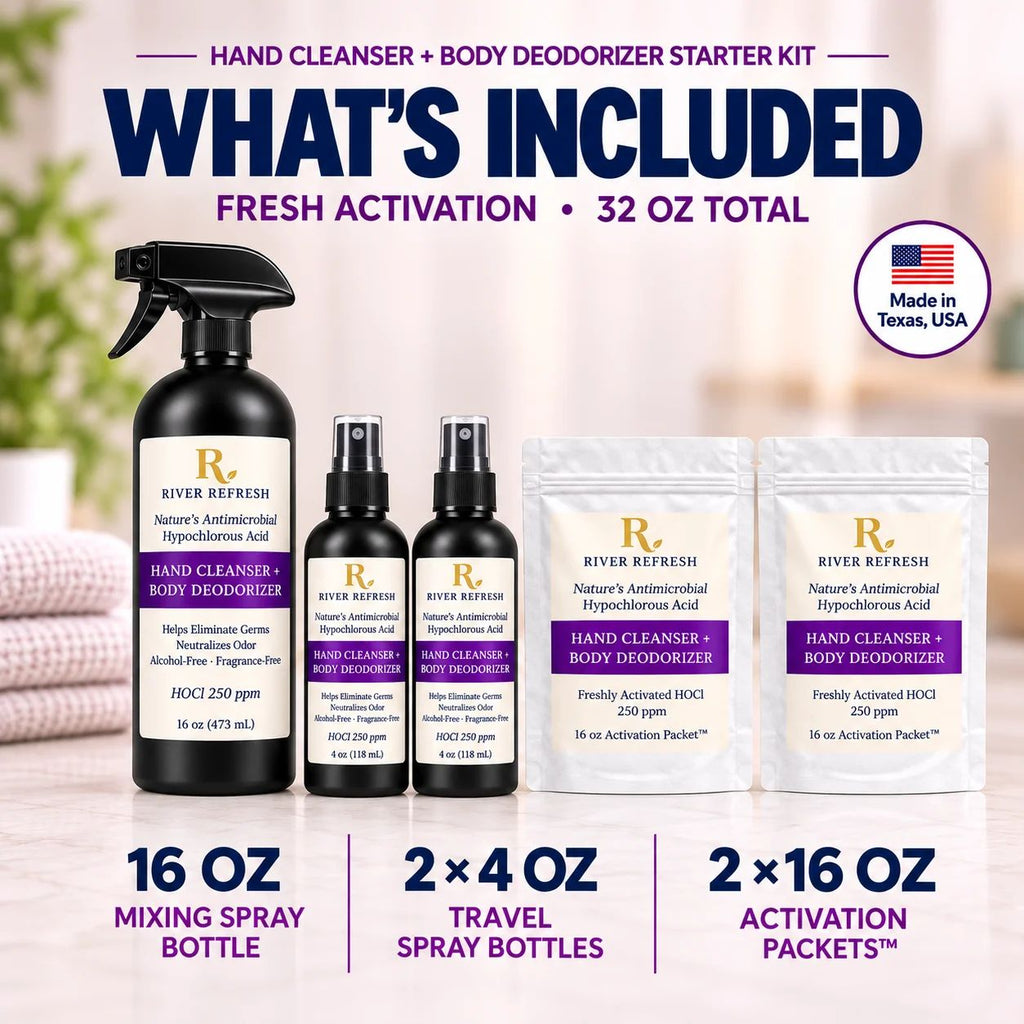 River Refresh Hypochlorous Acid Spray Hand Cleanser and Body Deodorizer Starter Kit contents displayed on a light background with promotional text. The kit includes a 16 oz mixing spray bottle, two 4 oz travel spray bottles, two 16 oz activation packets, and a Made in Texas USA badge.