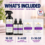 River Refresh Hypochlorous Acid Spray Hand Cleanser and Body Deodorizer Starter Kit contents displayed on a light background with promotional text. The kit includes a 16 oz mixing spray bottle, two 4 oz travel spray bottles, two 16 oz activation packets, and a Made in Texas USA badge.