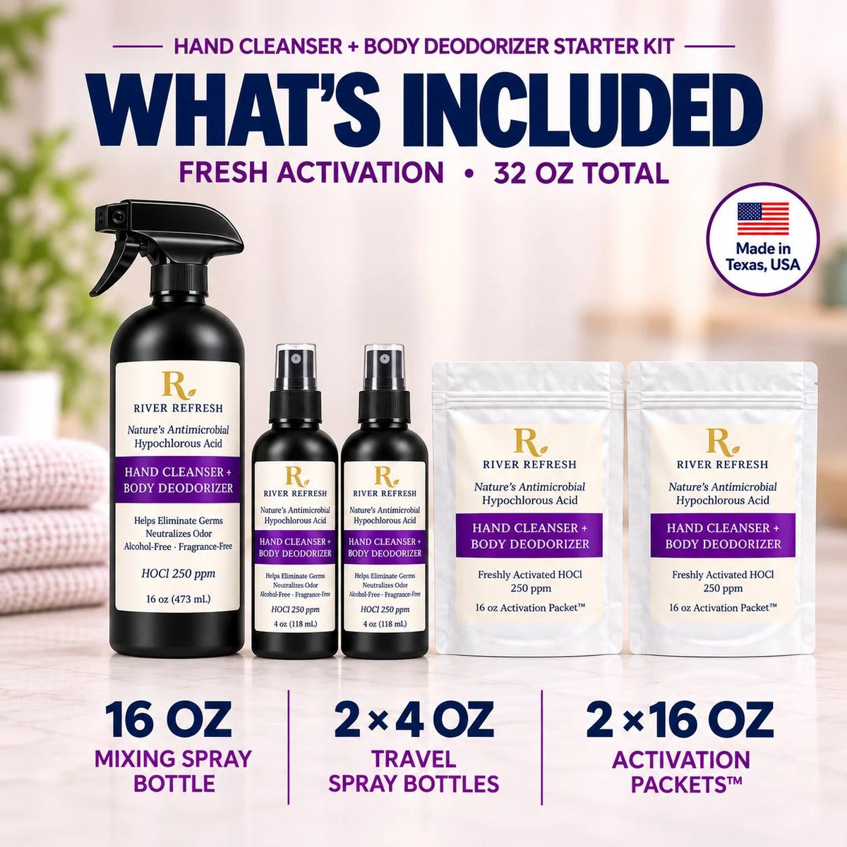 River Refresh Hypochlorous Acid Spray Hand Cleanser and Body Deodorizer Starter Kit contents displayed on a light background with promotional text. The kit includes a 16 oz mixing spray bottle, two 4 oz travel spray bottles, two 16 oz activation packets, and a Made in Texas USA badge.