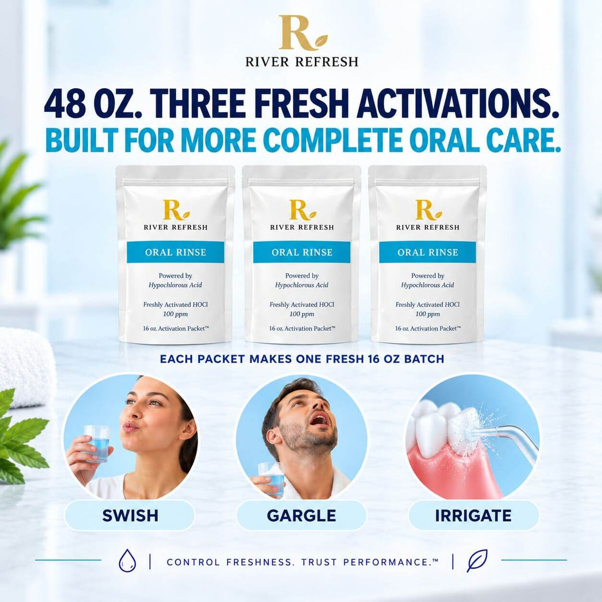River Refresh Oral Rinse 48 oz with three fresh activations for swishing, gargling and oral irrigation