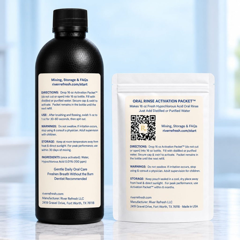 River Refresh oral rinse bottle and 16 oz Activation Packet pouch showing mixing, use, storage and refill instructions.