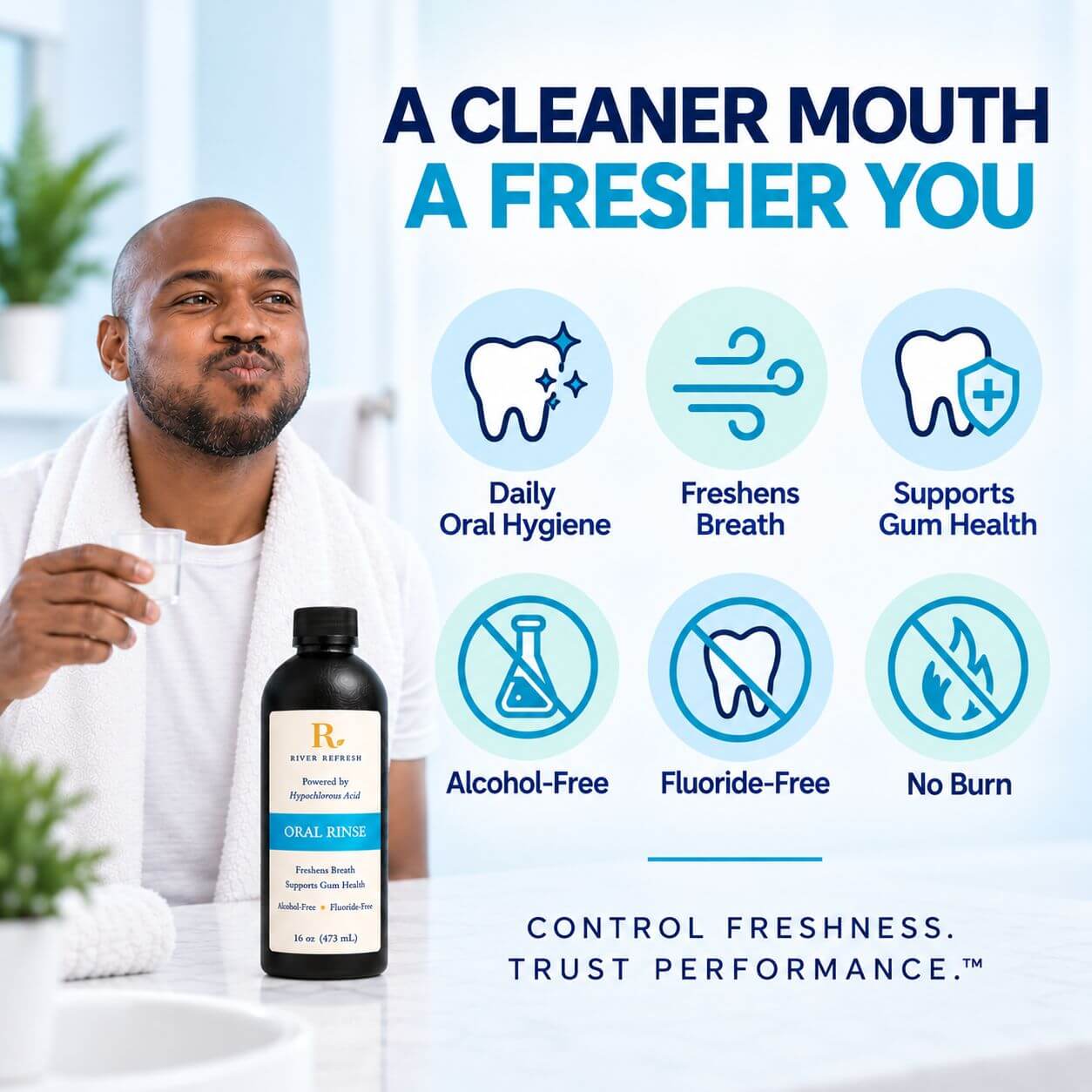 Man using River Refresh hypochlorous acid oral rinse with benefits for fresh breath, gum health and daily oral hygiene.