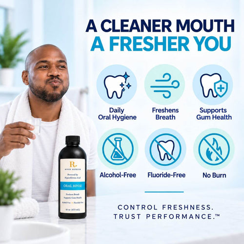 Man using River Refresh hypochlorous acid oral rinse with benefits for fresh breath, gum health and daily oral hygiene.
