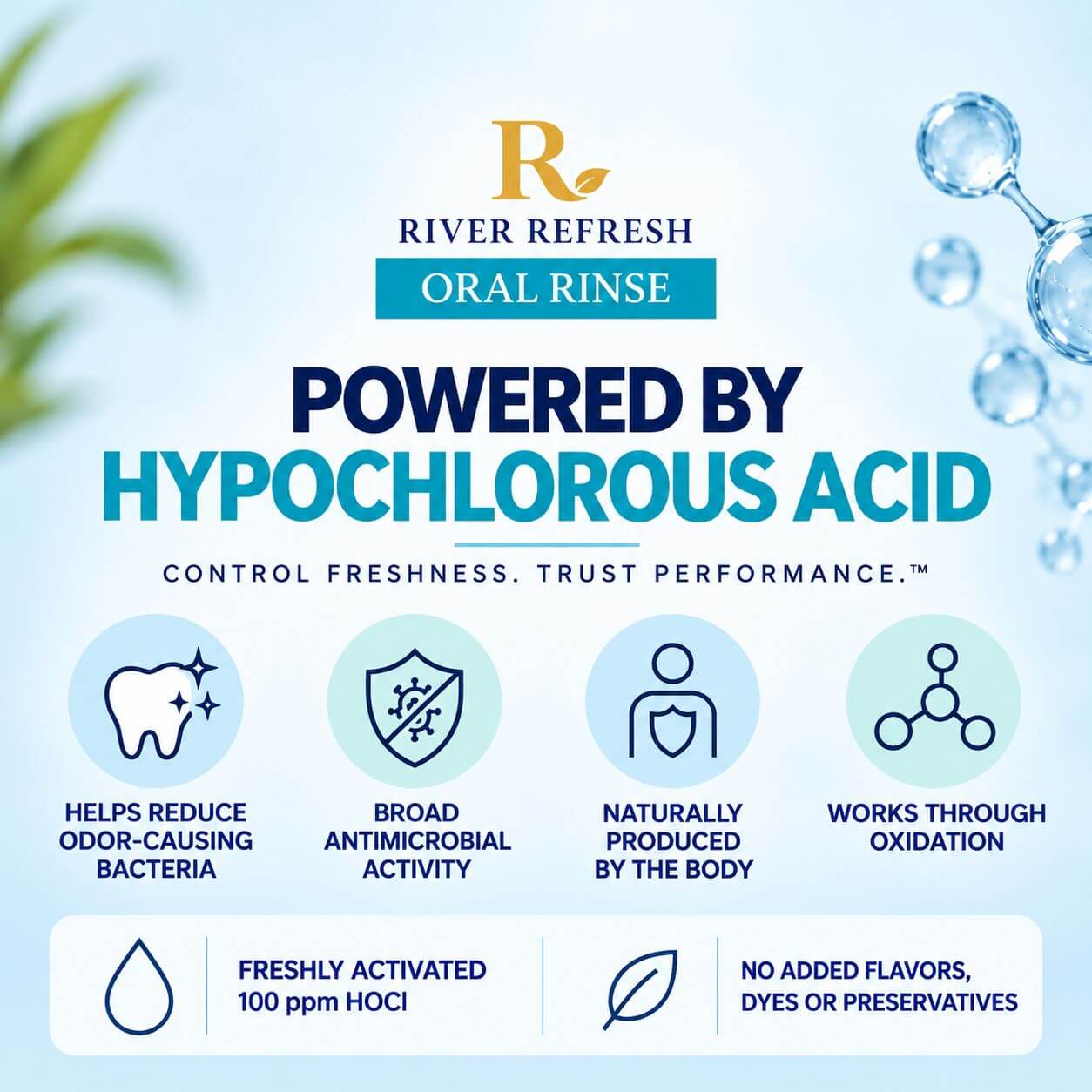 River Refresh Oral Rinse powered by hypochlorous acid, highlighting odor-causing bacteria, antimicrobial activity, fresh activation and no added flavors, dyes or preservatives.