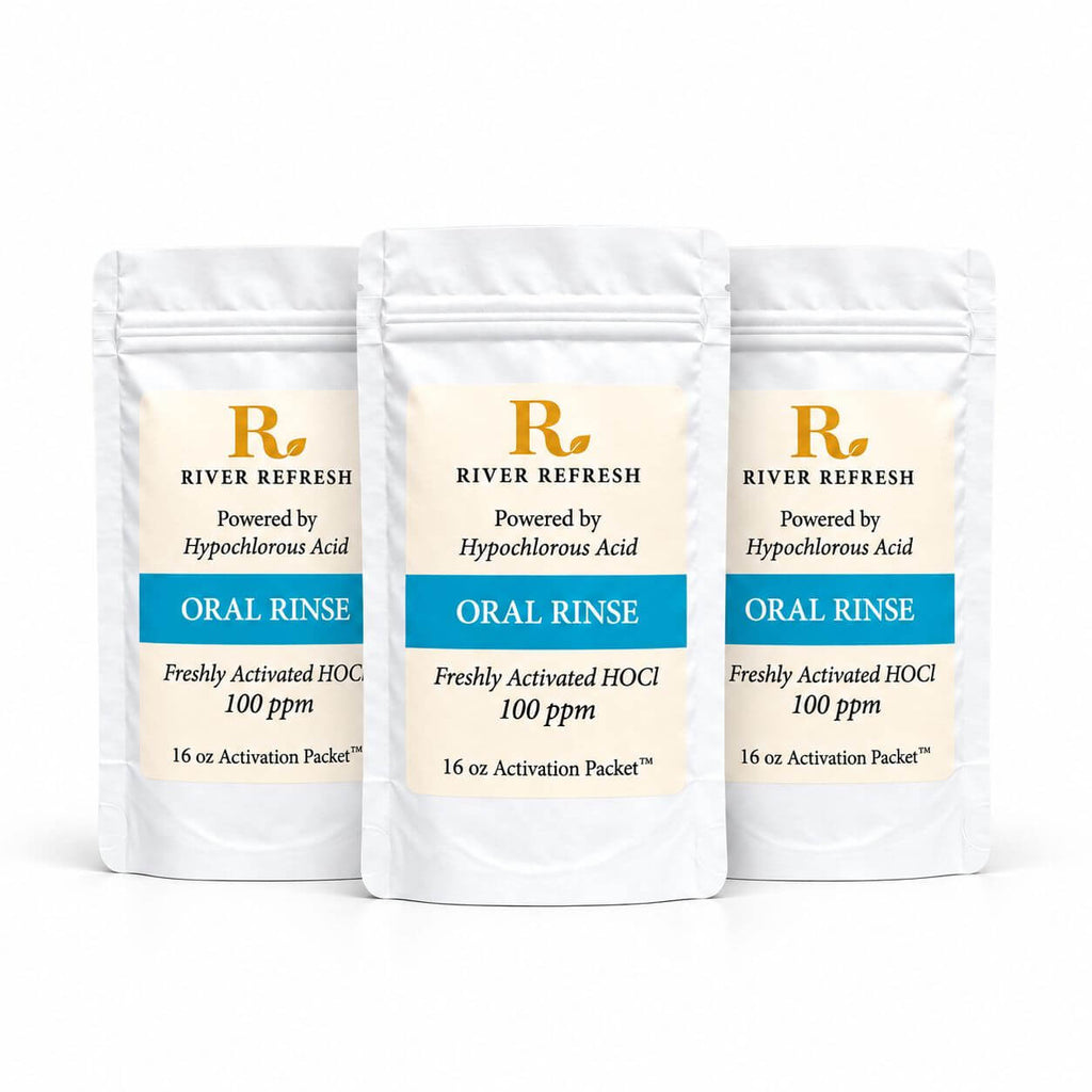 River Refresh Hypochlorous Acid Oral Rinse 48oz refill kit with three 16oz white stand-up pouches arranged in a row against a clean white background.