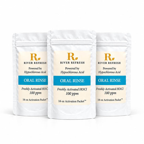 River Refresh Hypochlorous Acid Oral Rinse 48oz refill kit with three 16oz white stand-up pouches arranged in a row against a clean white background.