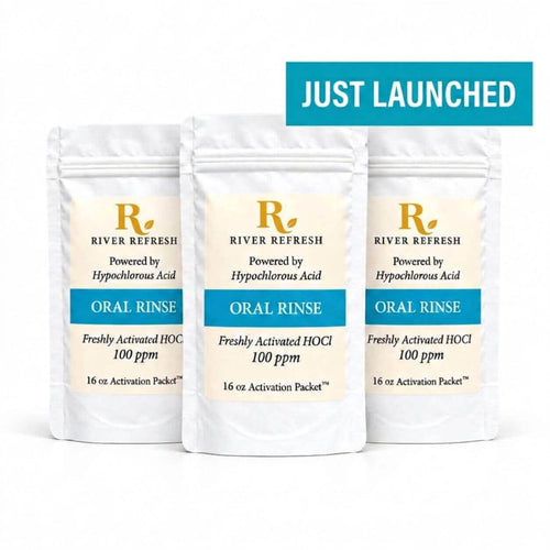 River Refresh Hypochlorous Acid Oral Rinse 48oz refill kit with three 16oz white stand-up pouches arranged in a row against a clean white background with a aqua badge in top right that reads Just Launched in white letters.