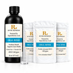 River Refresh Hypochlorous Acid Oral Rinse 48 oz starter kit including a black bottle, three white activation packets, and a small clear measuring cup on a clean white background.