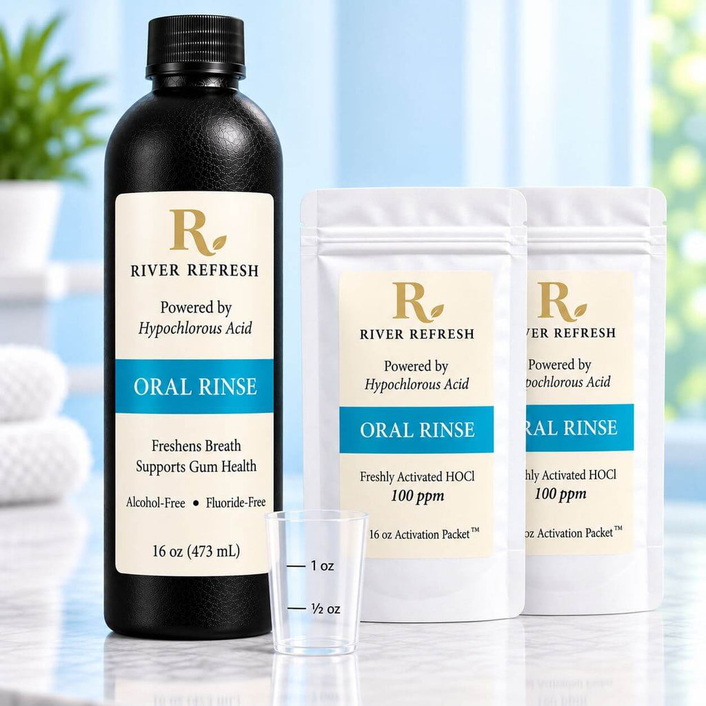River Refresh hypochlorous acid oral rinse starter kit with 16 oz bottle, two Activation Pouches, and measured rinse cup.