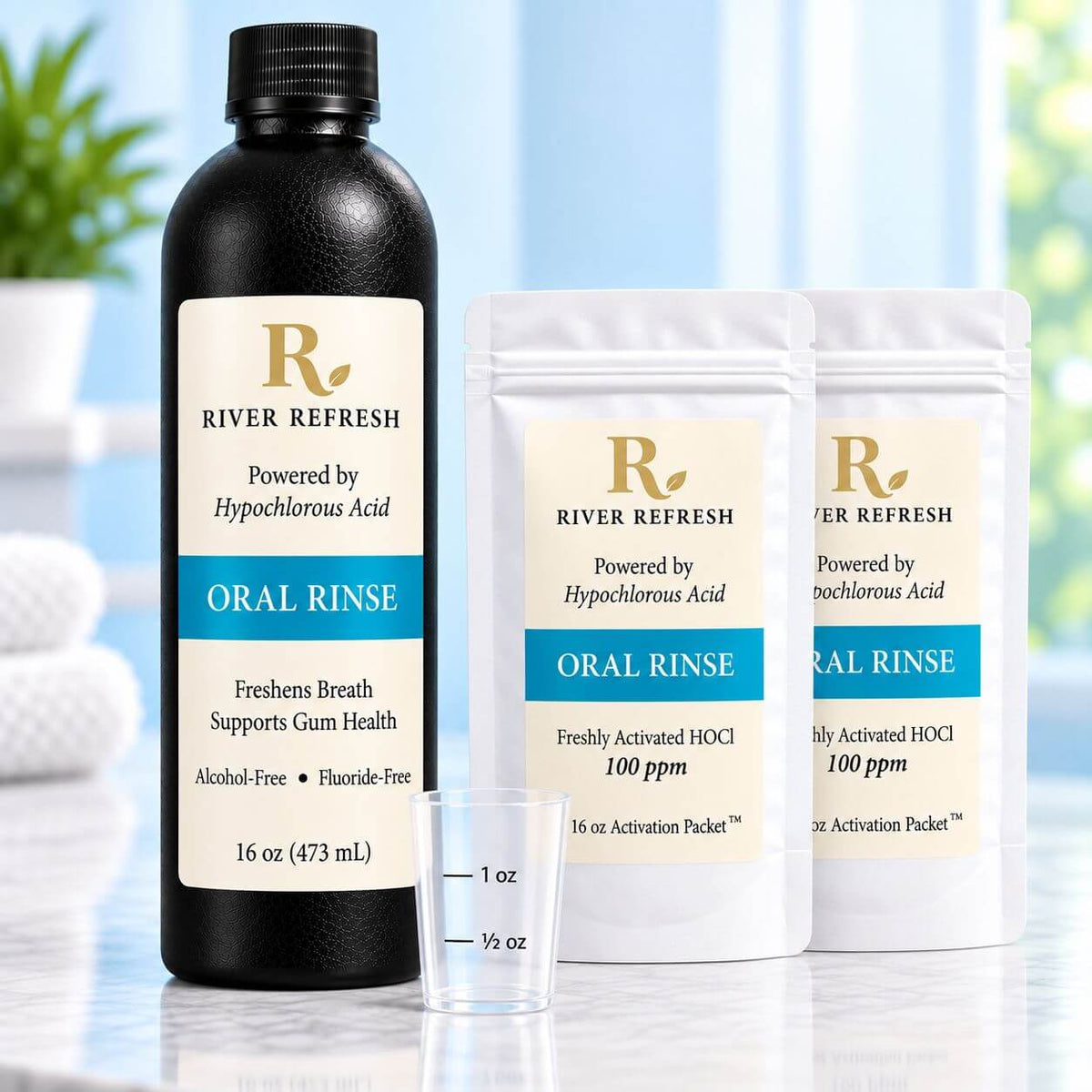 River Refresh hypochlorous acid oral rinse starter kit with 16 oz bottle, two Activation Pouches, and measured rinse cup.