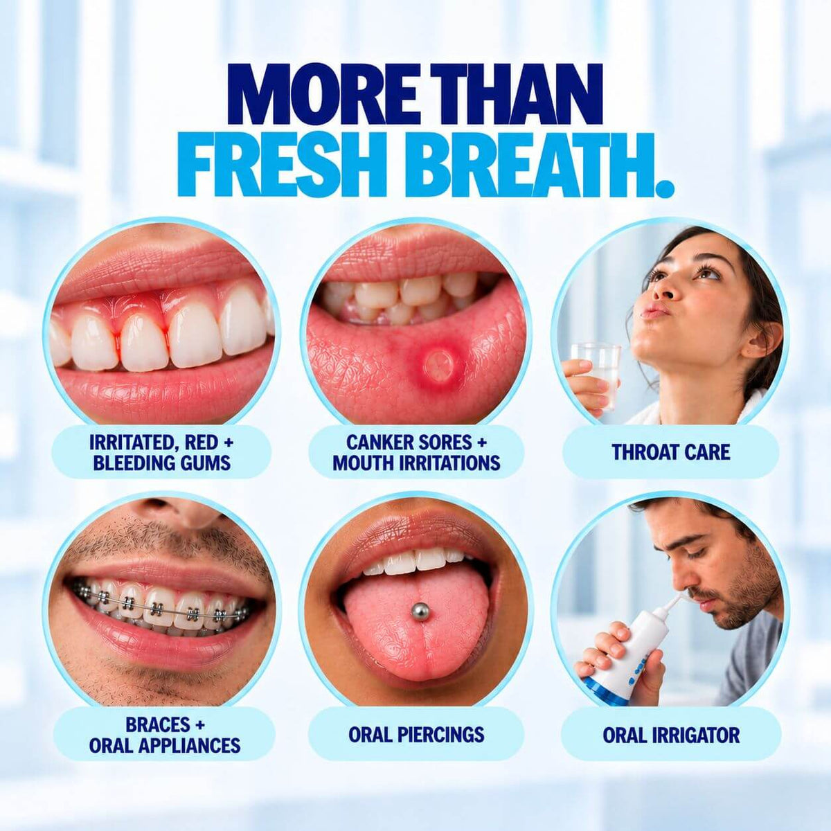 River Refresh Hypochlorous Acid Oral Mouthwash promotional graphic with the headline 'MORE THAN FRESH BREATH.' above six circular lifestyle photos showing oral health benefits: brightened teeth, mouth sores healed, throat care, braces and oral appliances, oral piercings, and an oral irrigator.