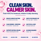 River Refresh hypochlorous acid facial cleanser benefits including reducing bacteria, calming irritated skin, supporting healing, gentle daily cleansing, no rinse and all skin types.