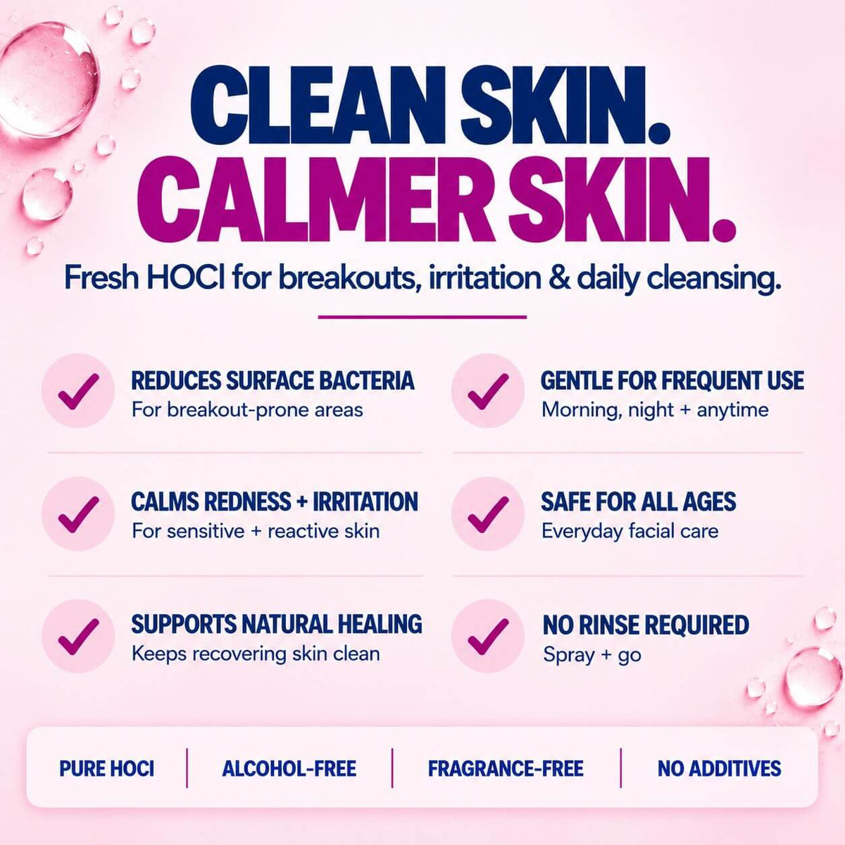 River Refresh hypochlorous acid facial cleanser benefits including reducing bacteria, calming irritated skin, supporting healing, gentle daily cleansing, no rinse and all skin types.