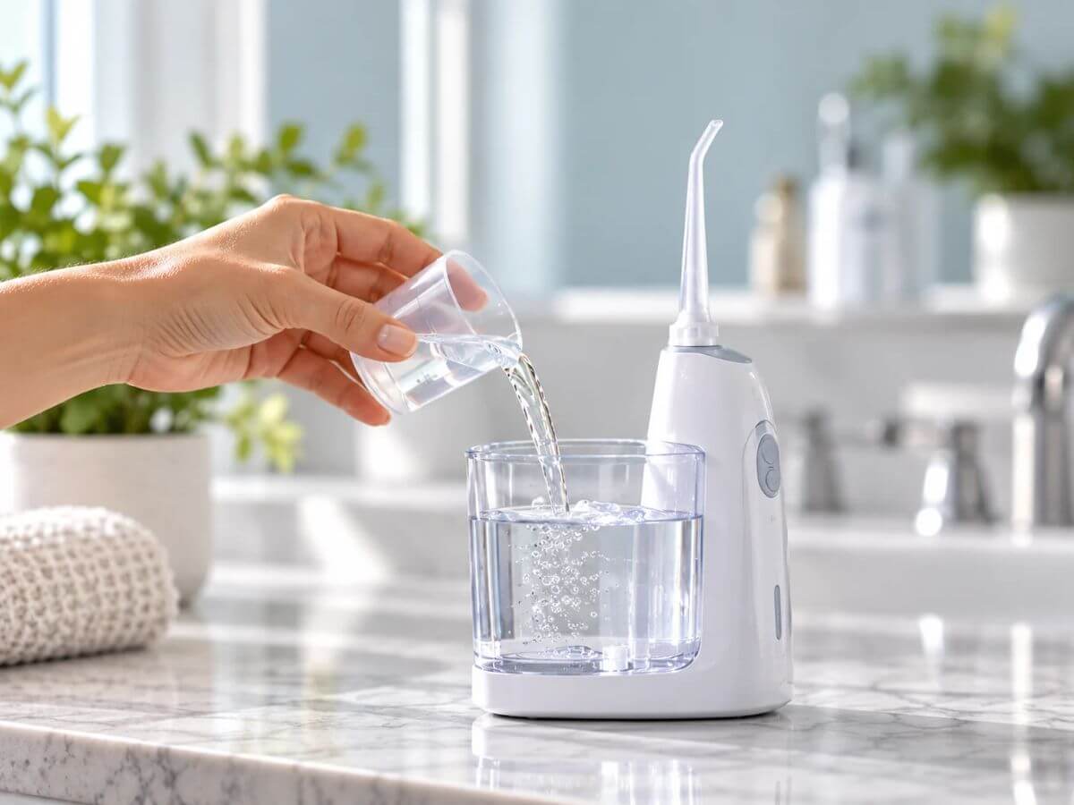 Pouring oral rinse from a measuring cup into an oral irrigator reservoir.