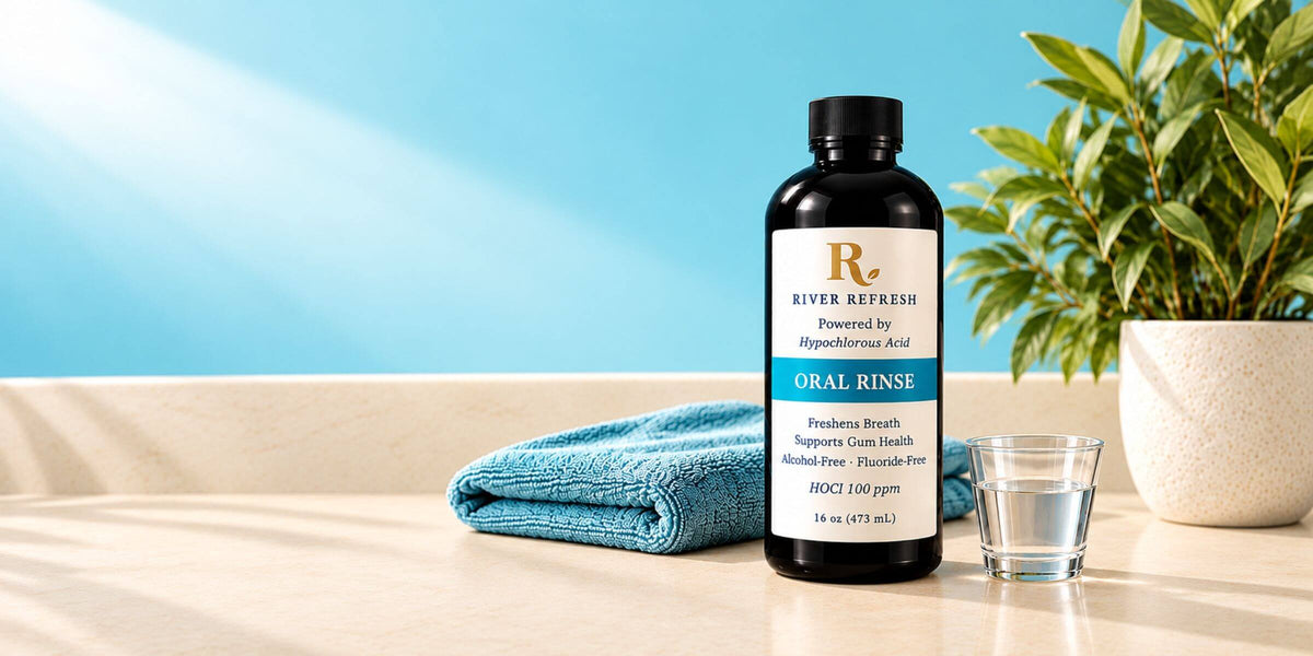 River Refresh Hypochlorous Acid Oral Rinse bottle with measuring cup on a marble countertop, featuring a soft blue background and natural greenery.