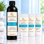 River Refresh Oral Rinse set including a 16 oz black bottle, three activation packets, and a small measuring cup on a light reflective surface.