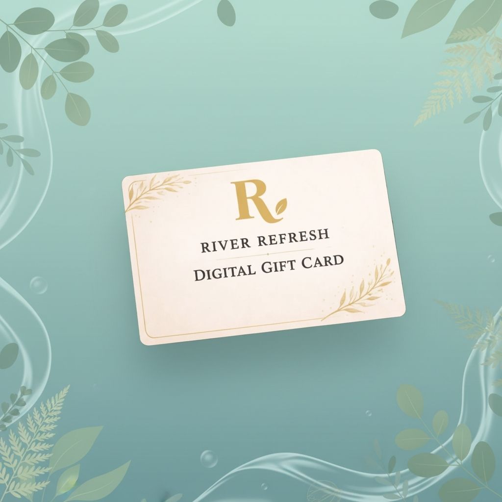 River Refresh digital gift card on a decorative background with leaves