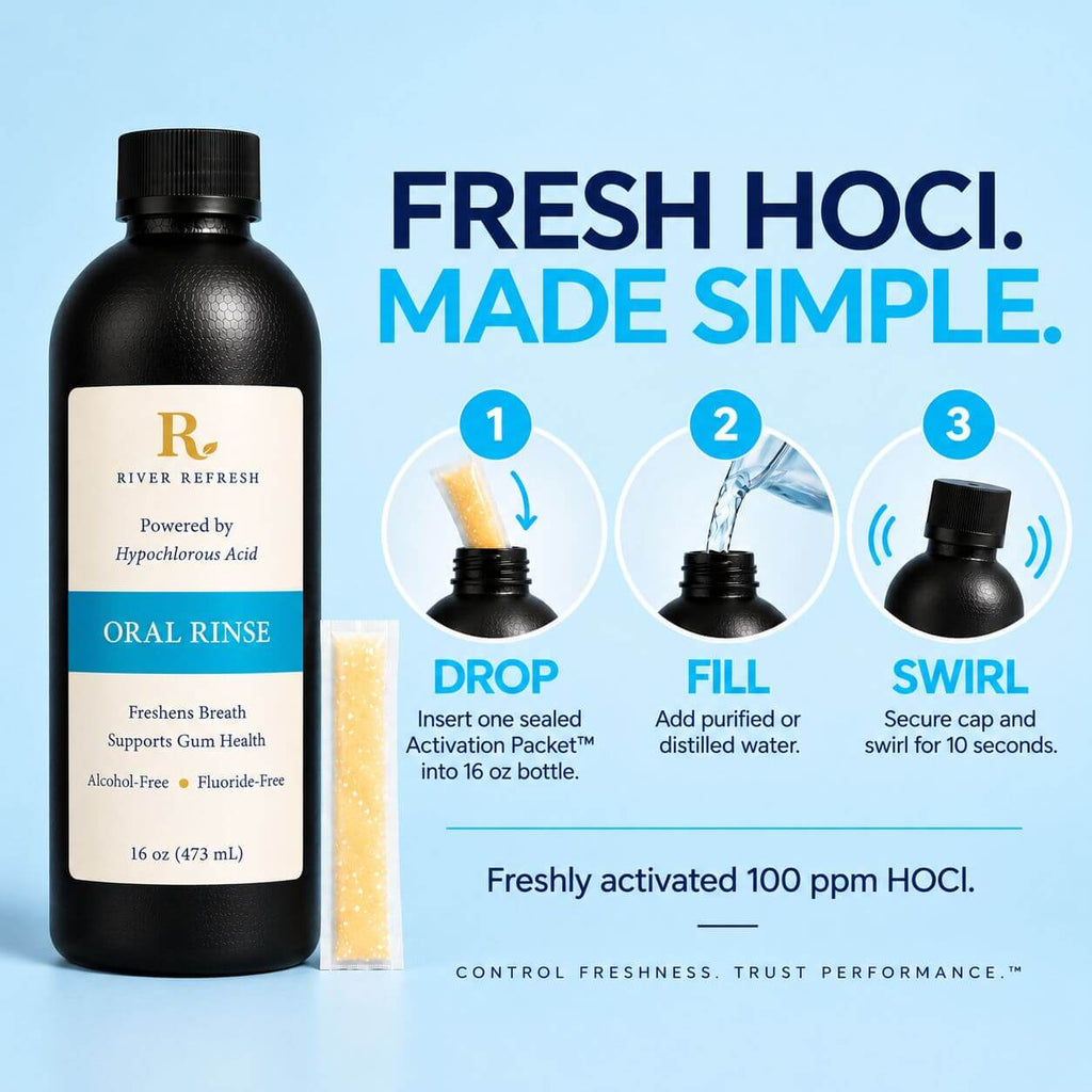 River Refresh Oral Rinse fresh activation process showing Drop, Fill and Swirl instructions.