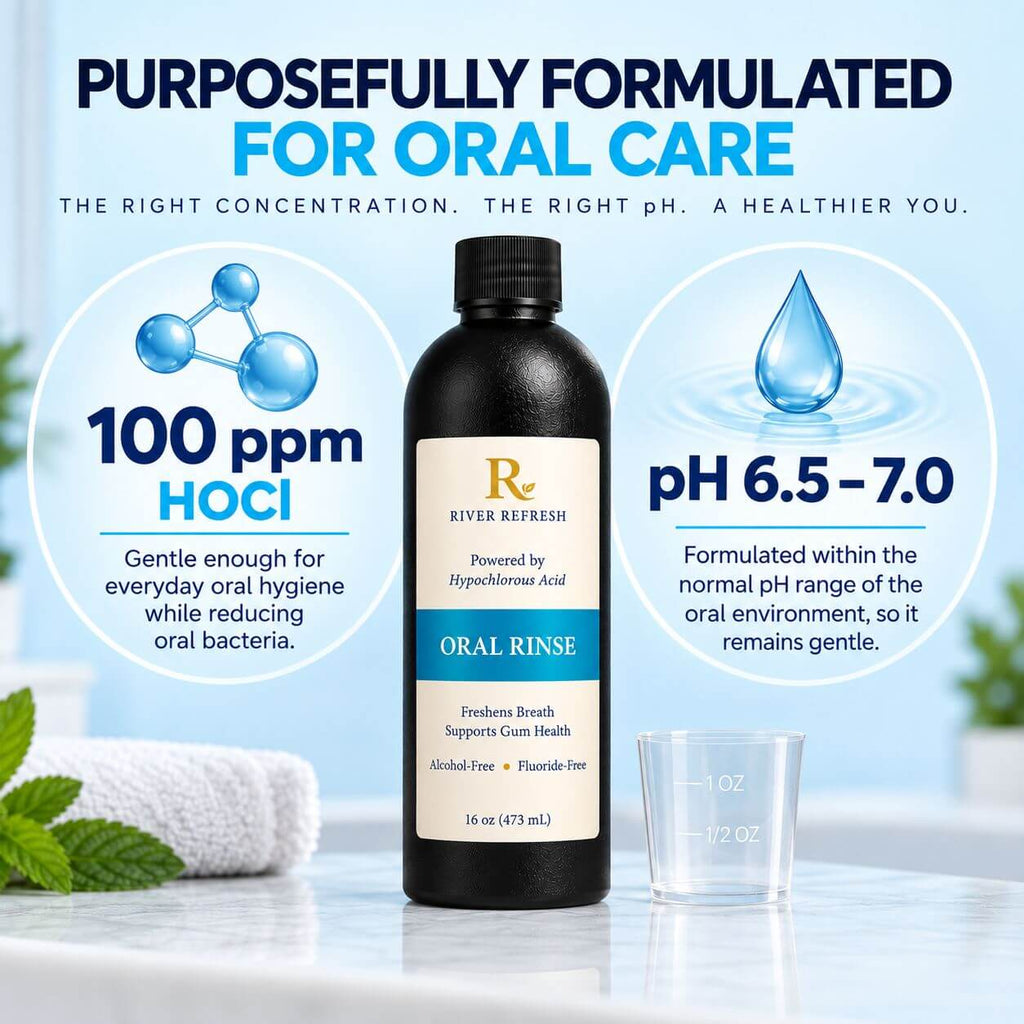 River Refresh Oral Rinse formulated with 100 ppm HOCl and pH 6.5–7.0 for everyday oral hygiene.