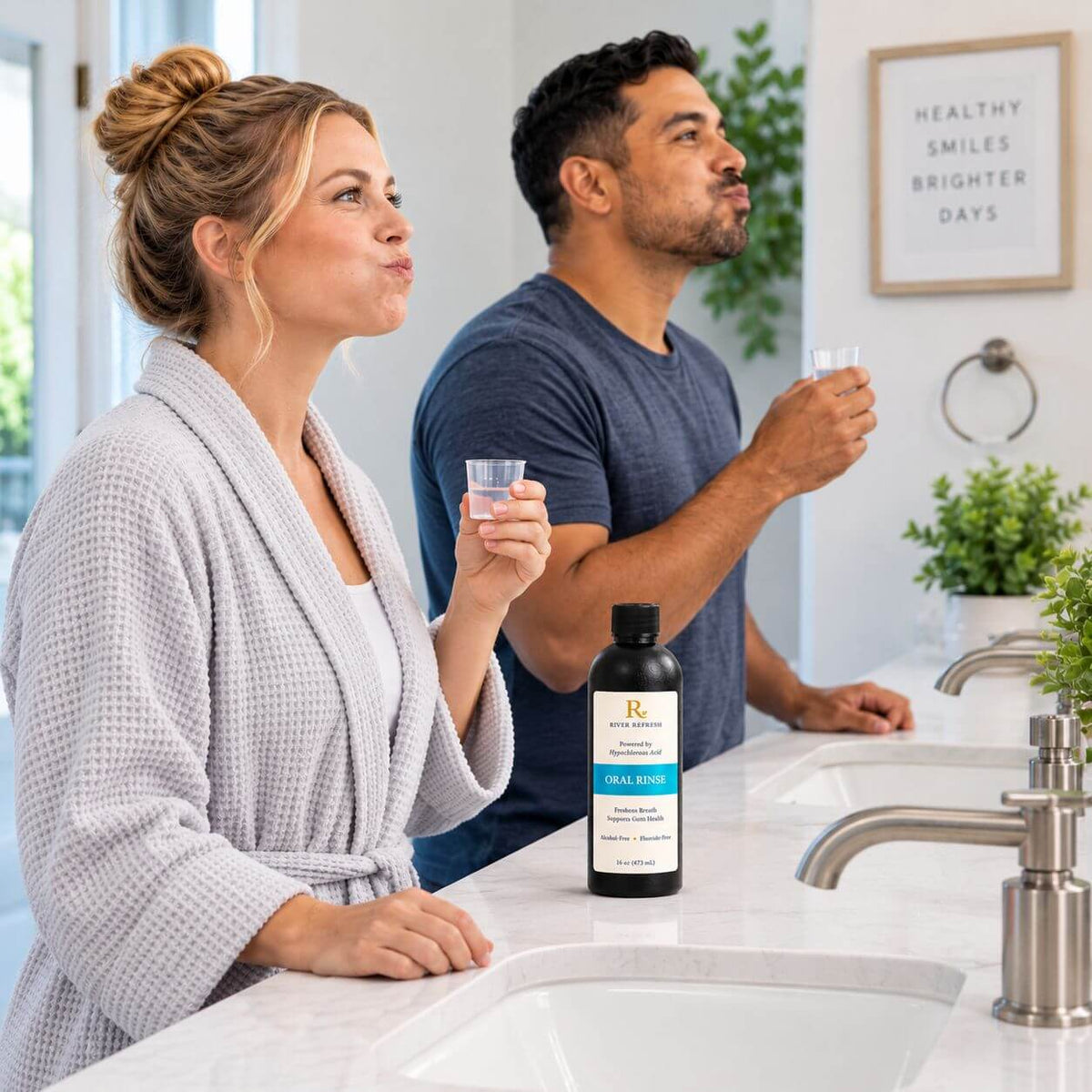 Couple using River Refresh hypochlorous acid oral rinse as part of their daily oral care routine.