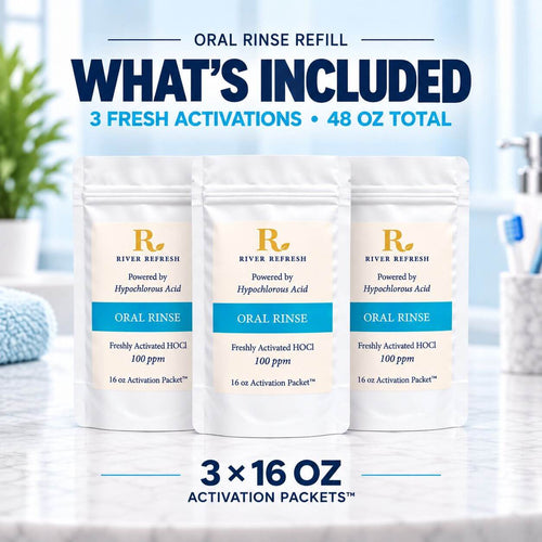 River Refresh Oral Rinse Refill with three 16 oz activation packets for 48 oz total solution