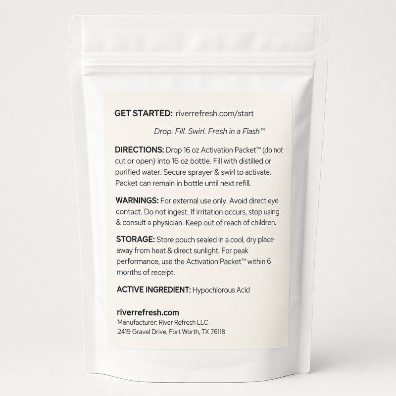 Back label for River Refresh Pet Cleanser and Deodorizer activation packet pouch
