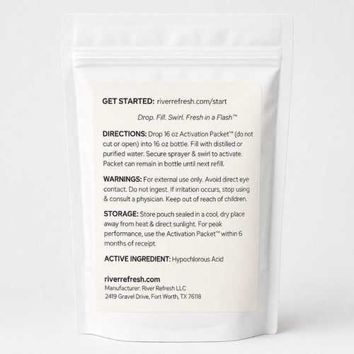 Back label for River Refresh Pet Cleanser and Deodorizer activation packet pouch