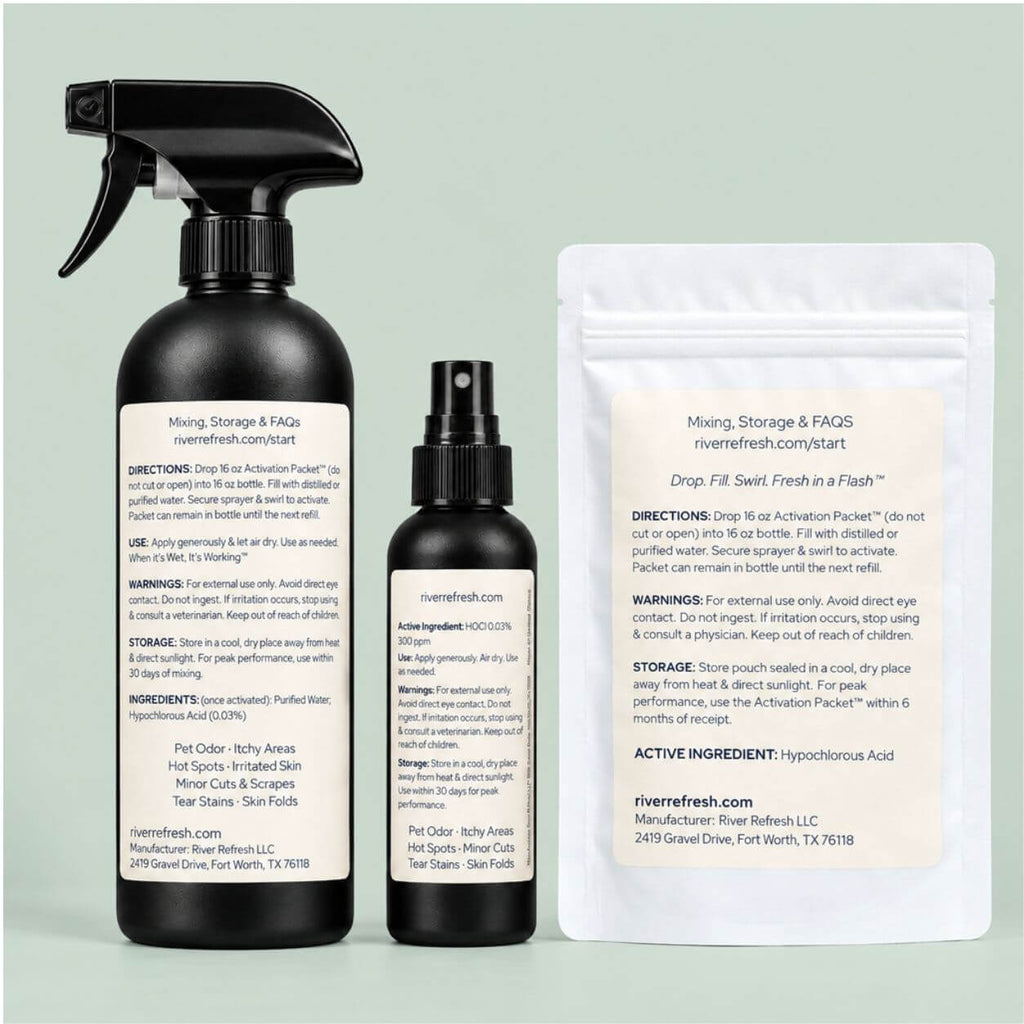 Back labels of River Refresh Pet Cleanser + Deodorizer 16oz bottle, 4oz bottle and Activation Pouch with directions and storage information.
