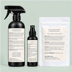 Back labels of River Refresh Pet Cleanser + Deodorizer 16oz bottle, 4oz bottle and Activation Pouch with directions and storage information.