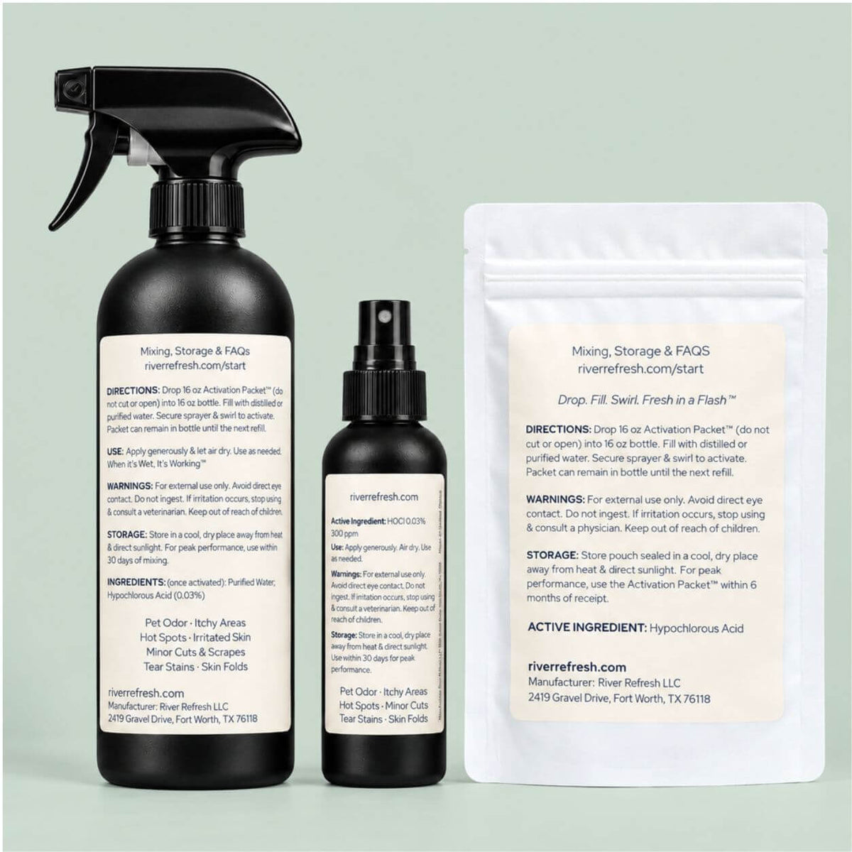 Back labels of River Refresh Pet Cleanser + Deodorizer 16oz bottle, 4oz bottle and Activation Pouch with directions and storage information.