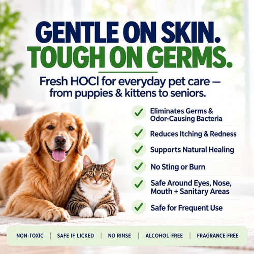 Hypochlorous acid pet cleanser for dog and cats with antimicrobial cleansing, gentle skin care and odor control benefits.