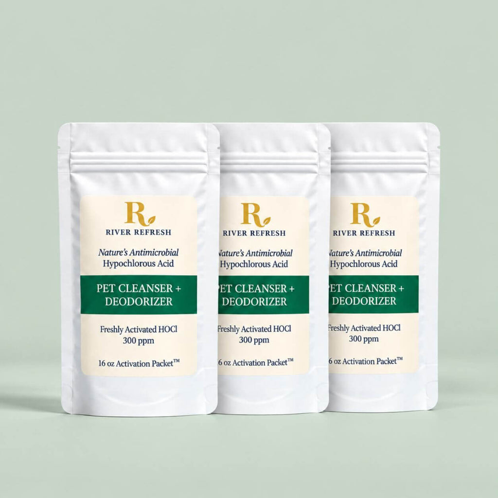 Three white stand-up pouches of River Refresh Pet Cleanser + Deodorizer are arranged in a row against a solid sage green background.