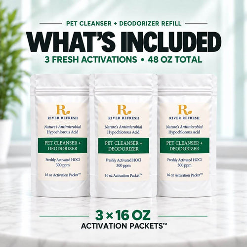River Refresh Pet Cleanser + Deodorizer Refill with three 16 oz Activation Packets for 48 oz of freshly activated hypochlorous acid.