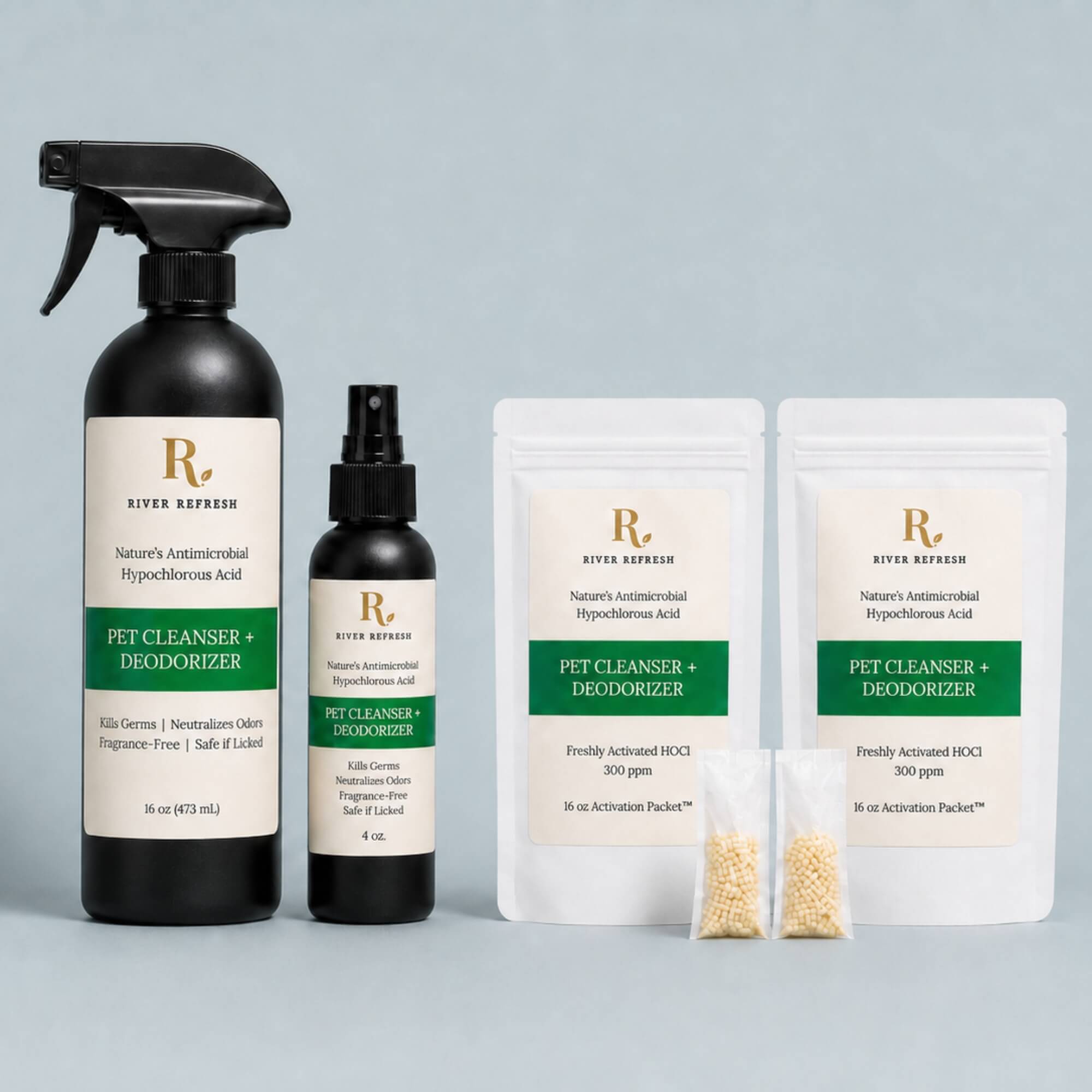 River Refresh pet cleaner and deodorizer starter kit - 2 bottles and 2 activation packets
