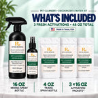 River Refresh Pet Cleanser + Deodorizer Starter Kit with 16 oz mixing spray bottle, 4 oz travel spray bottle and three 16 oz Activation Packets.