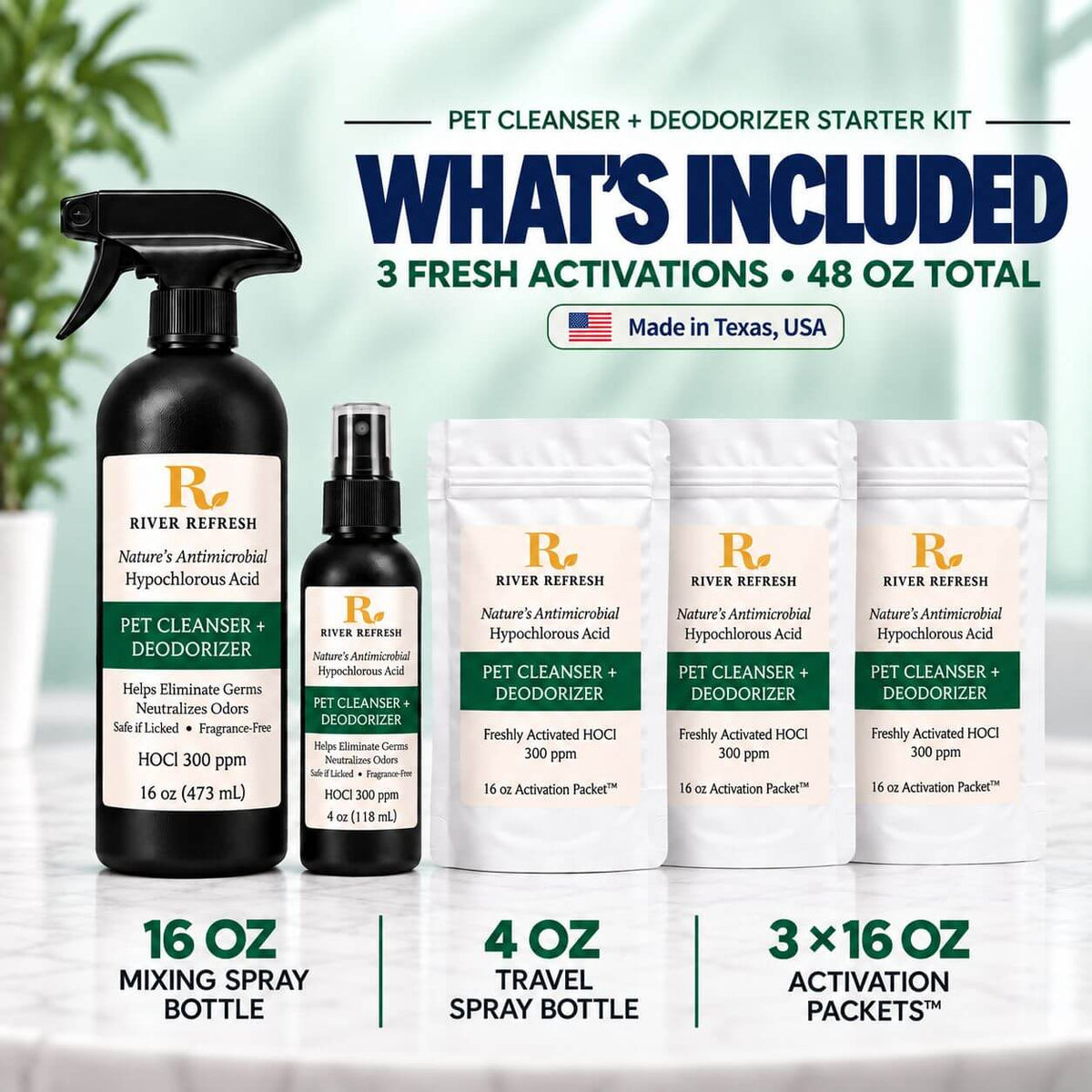 River Refresh Pet Cleanser + Deodorizer Starter Kit with 16 oz mixing spray bottle, 4 oz travel spray bottle and three 16 oz Activation Packets.
