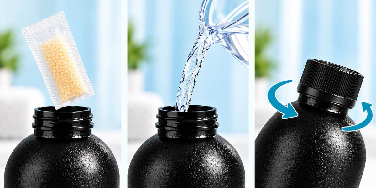 Three-step River Refresh HOCl Oral Rinse activation: insert a whole Activation Packet into the bottle, add purified or distilled water, secure the cap and swirl.