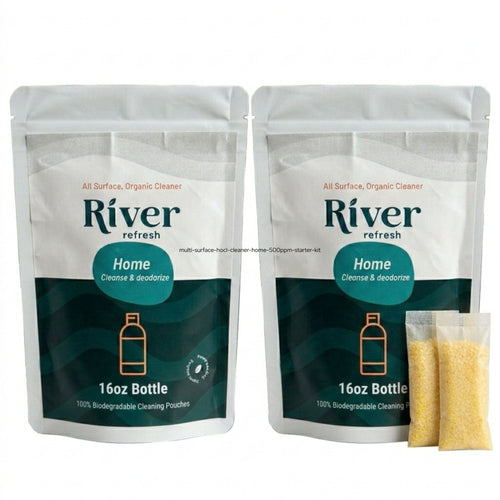 Two packages of River refresh all surface organic cleaner with a small packet of cleaning powder on a white background.