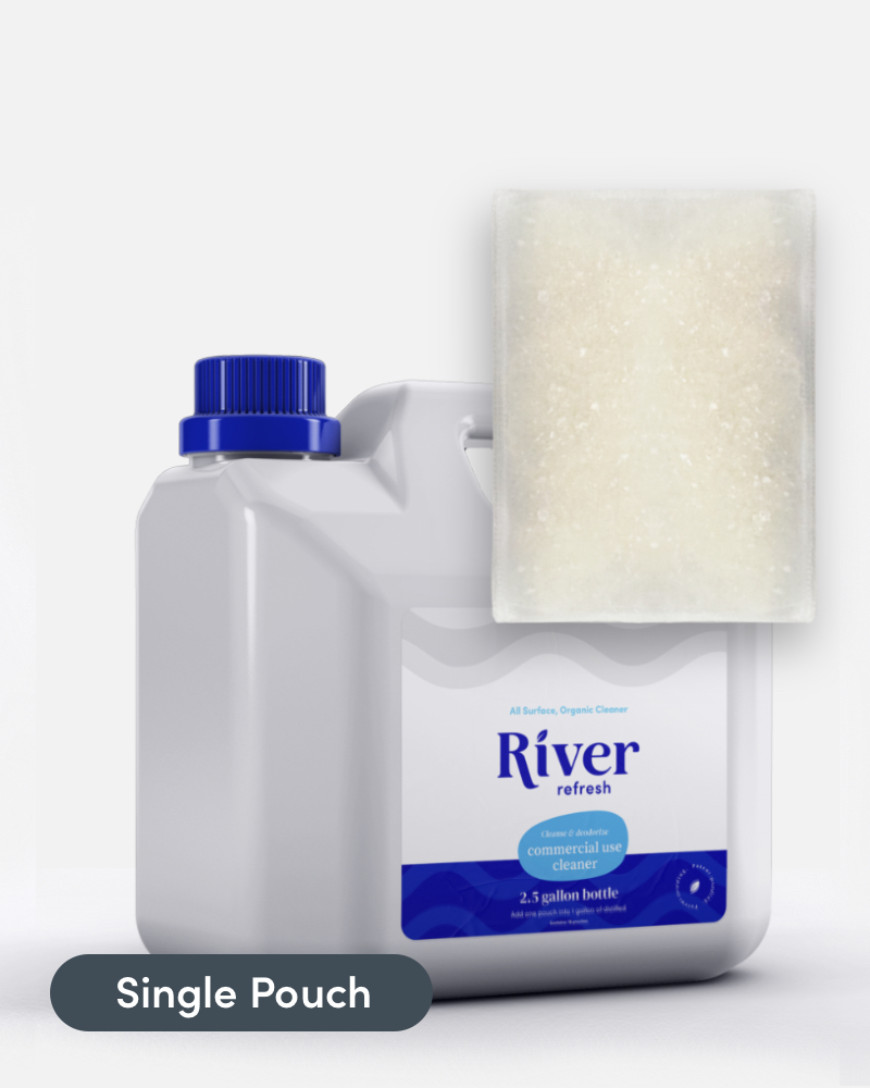 A bottle of water and a container with the label river.