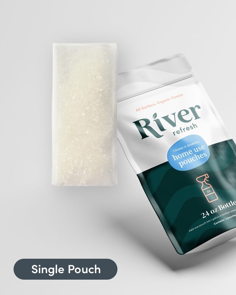 A bag of river water next to a bar of soap.