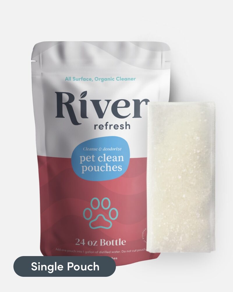 A bag of river refresh pet clean pouches next to a bottle.